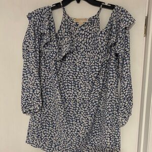 Michael Kors Navy & White Cold-Shoulder Ruffle Tunic